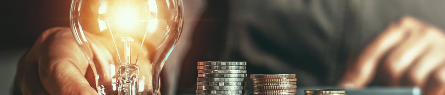 person holder lysende pære frem mod kameraet ved siden af stakkevis af sparede penge